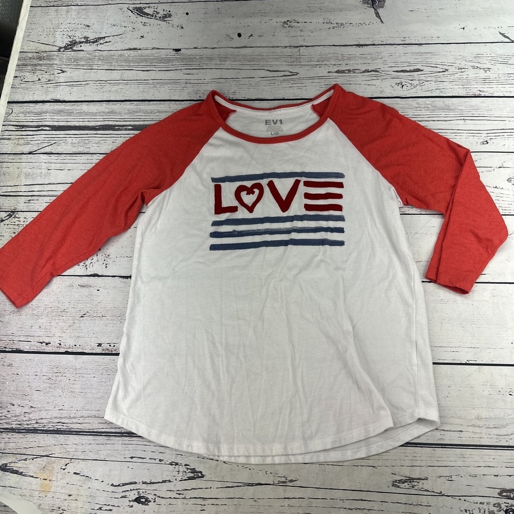 EV1 Womens Large LOVE Raglan Sleeve Graphic T Shirt White Red Blue Patriotic